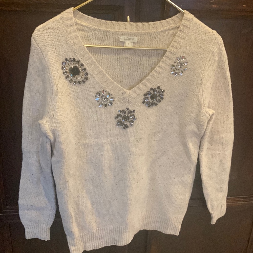 *4/$20* J Crew jeweled v neck oatmeal wool sweater size Small